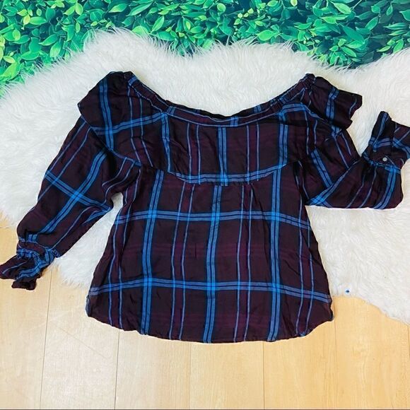 Loft purple plaid casual off the shoulder ruffled sleeves top blouse S - Picture 10 of 15